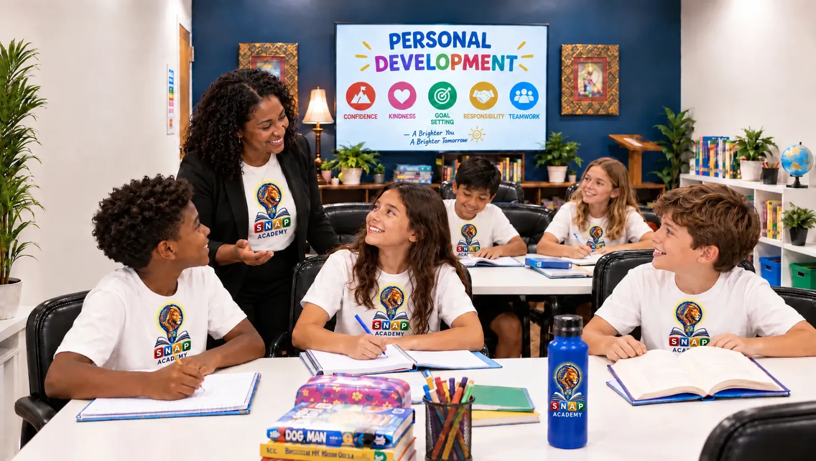 Children in S.N.A.P. Academy t-shirts writing in their notebooks at the tables while their teacher stops beside one of them to talk, the screen behind them headed Personal Development — confidence, kindness, goal setting, responsibility, teamwork.
