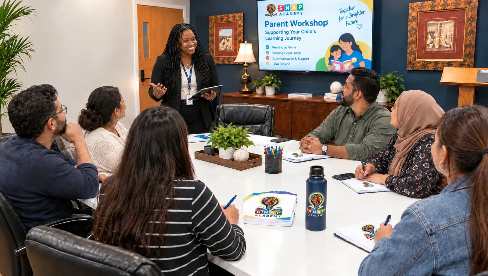 Parents and caregivers around the table with notebooks and pens, listening to a facilitator, the screen behind her headed Parent Workshop — reading at home, building good habits, communication and support, and questions.