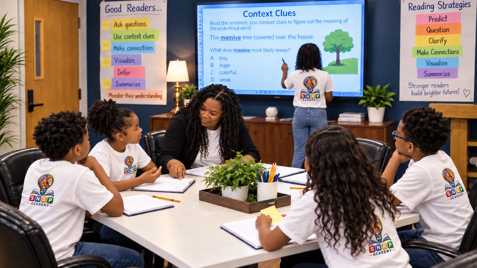 Children at the table with their teacher while one of them works at the board, the screen behind them headed Context Clues — reading a sentence and choosing what the underlined word means.