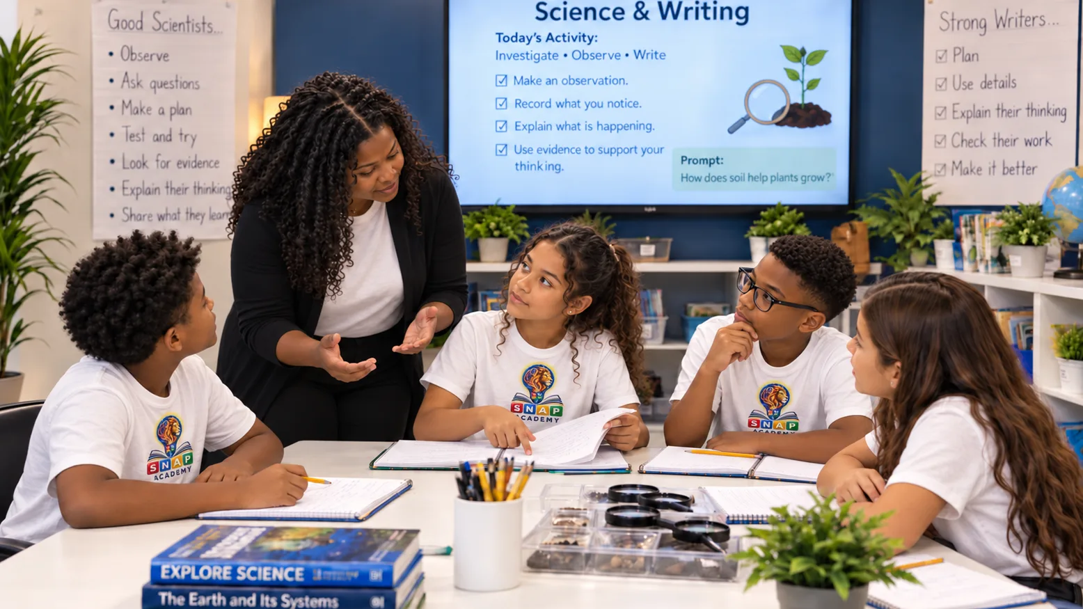 Children at the table with notebooks, magnifying glasses and science books, listening to their teacher standing beside them, the screen behind them headed Science and Writing — investigate, observe, write.