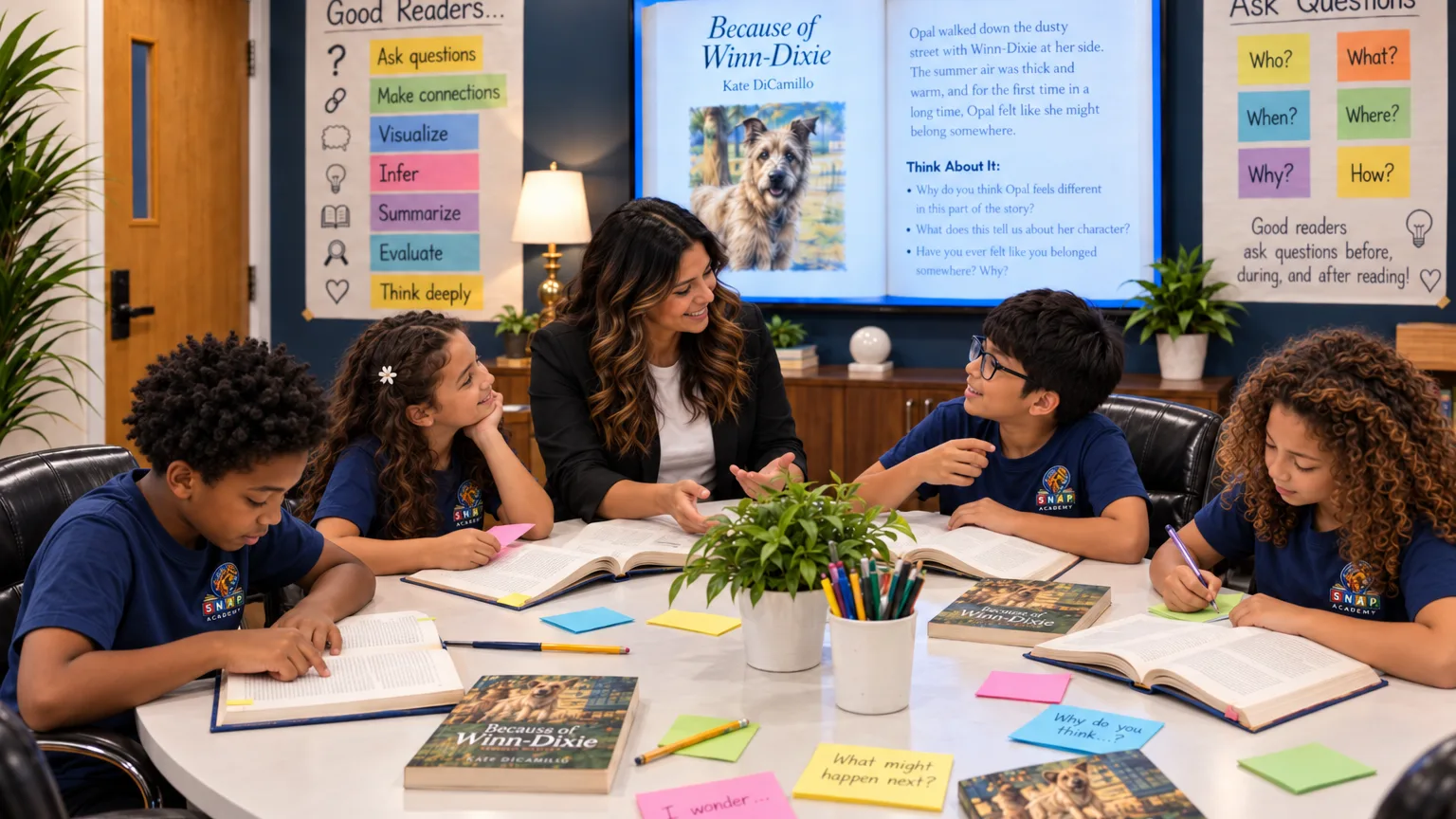 Children in navy S.N.A.P. Academy t-shirts around the table with open books and sticky notes of questions, talking with their teacher, a page from the novel they are reading shown on the screen behind them.